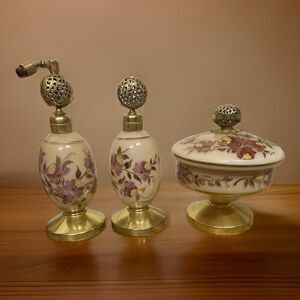 Vintage Satin Glass Vanity Set with Hand Painted Floral Design and Gold Trim